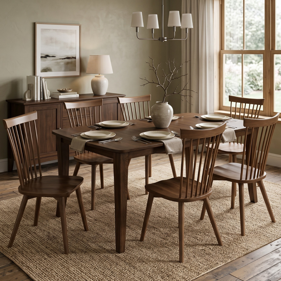 Fairfield Dining Table show in Warm Earthtone Stain, Pictured with the Ellis Dining Side Chair