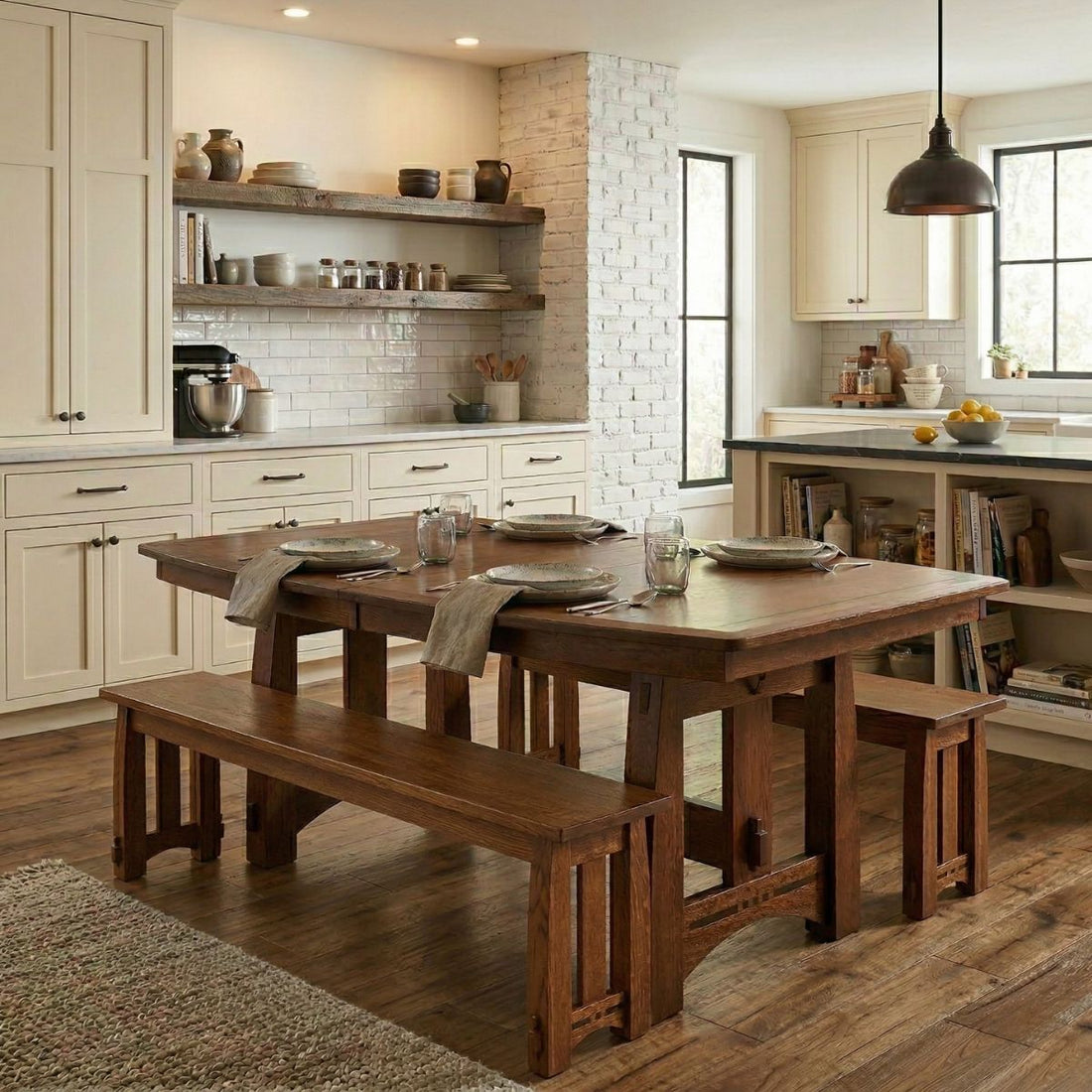 Hoosier Timbercraft Georgetown White Oak Dining Table and Bench Set