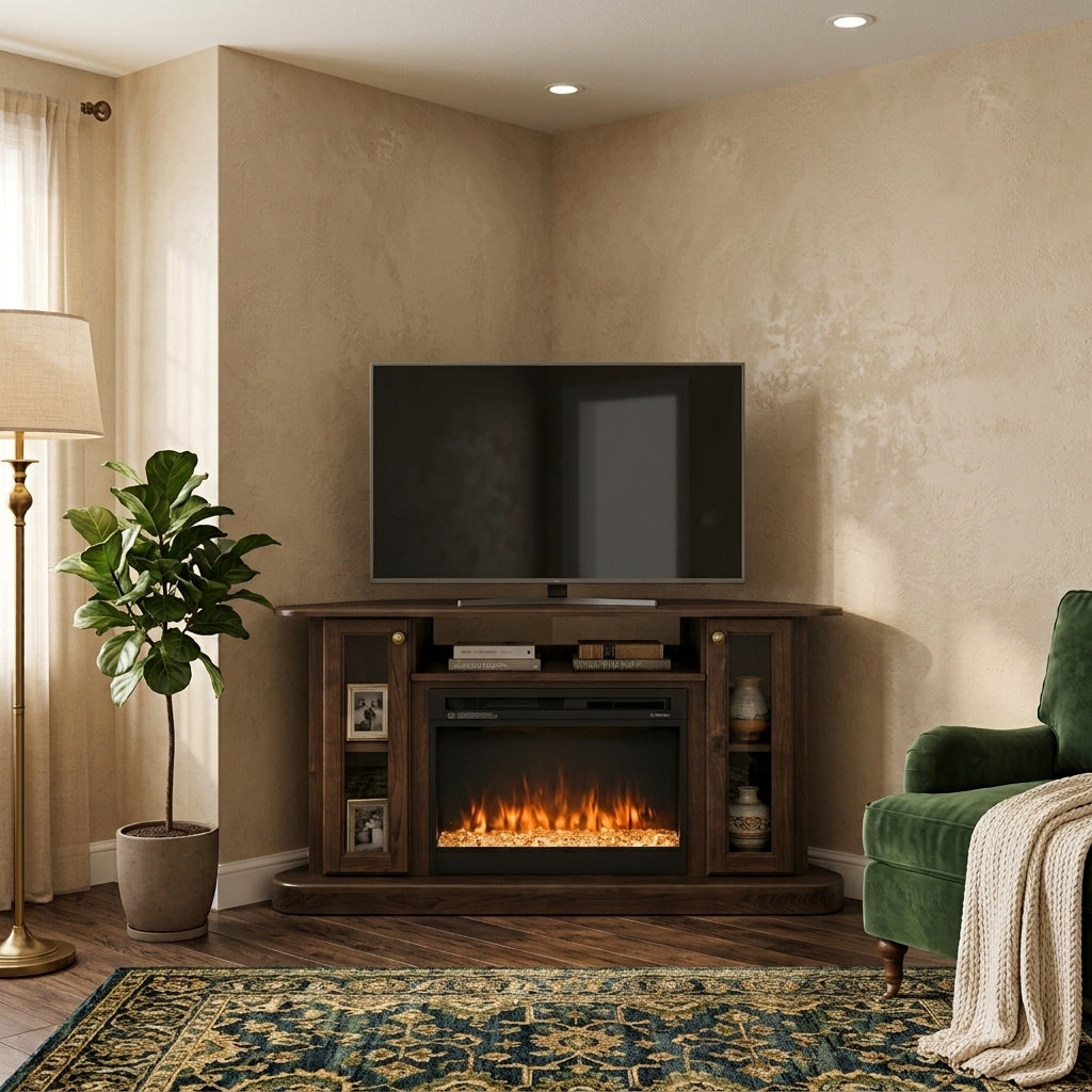 Hoosier Timbercraft Bayside Brown Maple Corner Fireplace in Charwood Stain with Contemporary Log