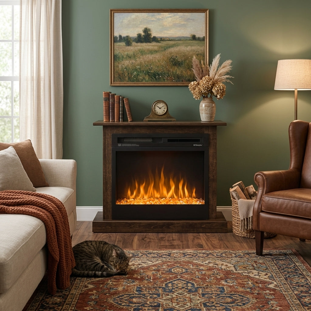 Hoosier Timbercraft Providence Brown Maple Fireplace in Charwood with Contemporary Log