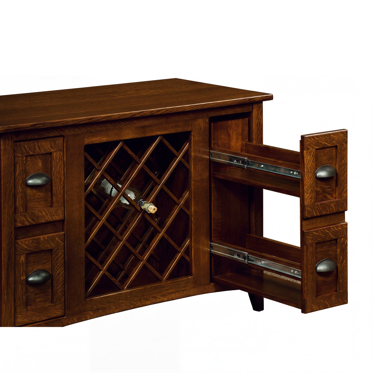 Harrington Wine Cabinet with Lattice Panel in white oak with Asbury stain, shown open
