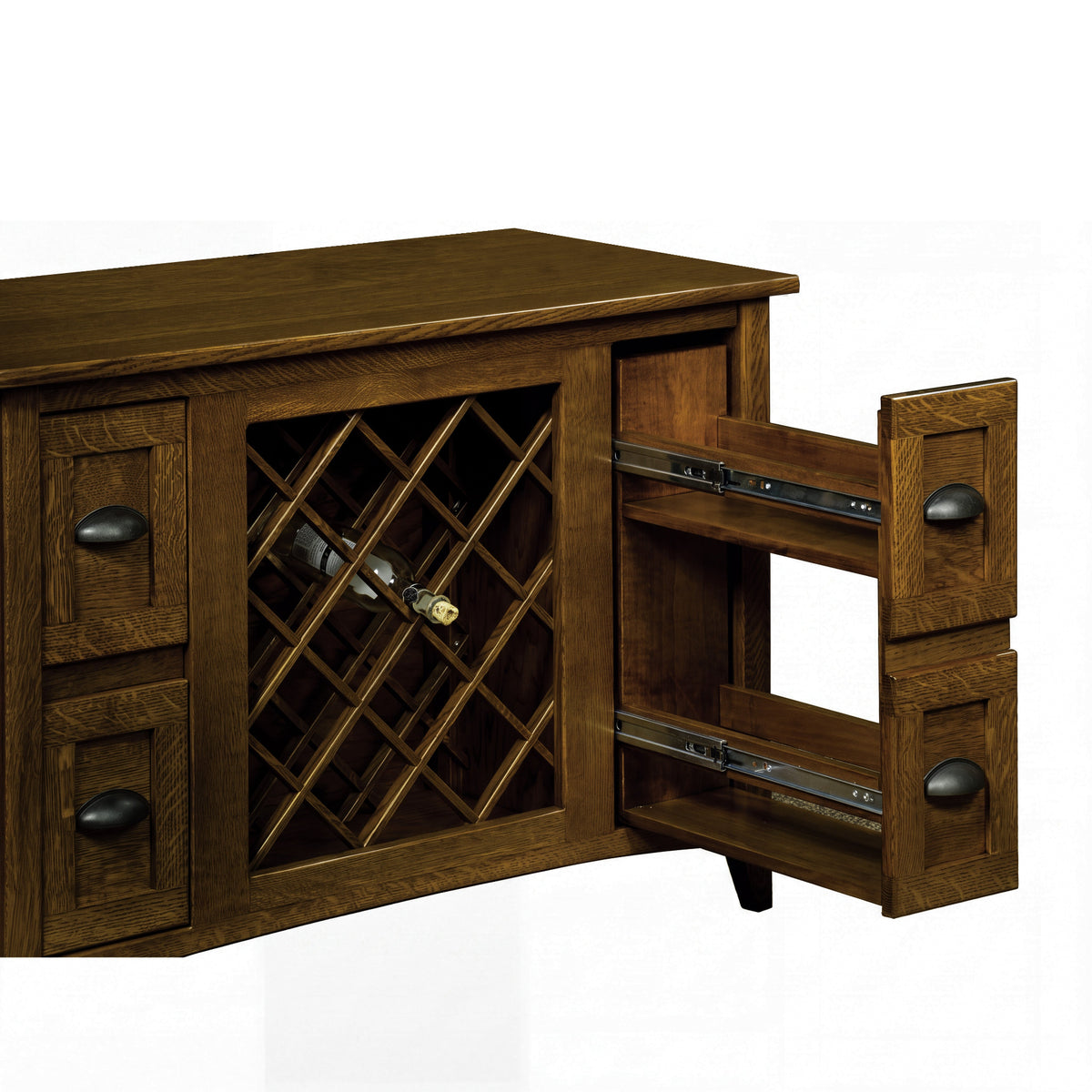Harrington Wine Cabinet with Lattice Panel in white oak with Charwood stain, shown open