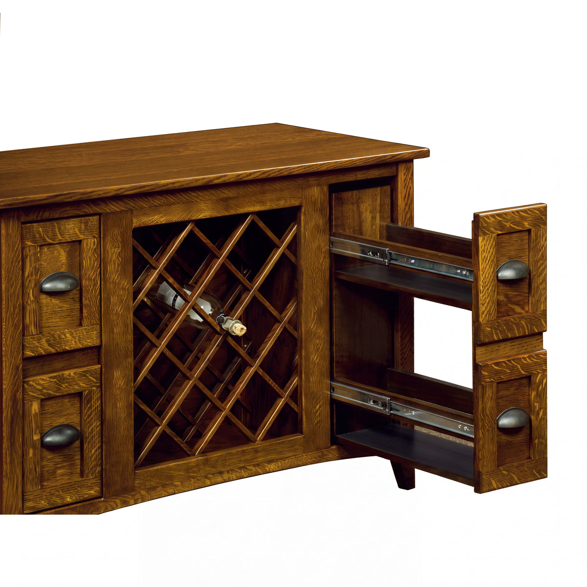 Harrington Wine Cabinet with Lattice Panel in white oak with Golden Pecan stain, shown open