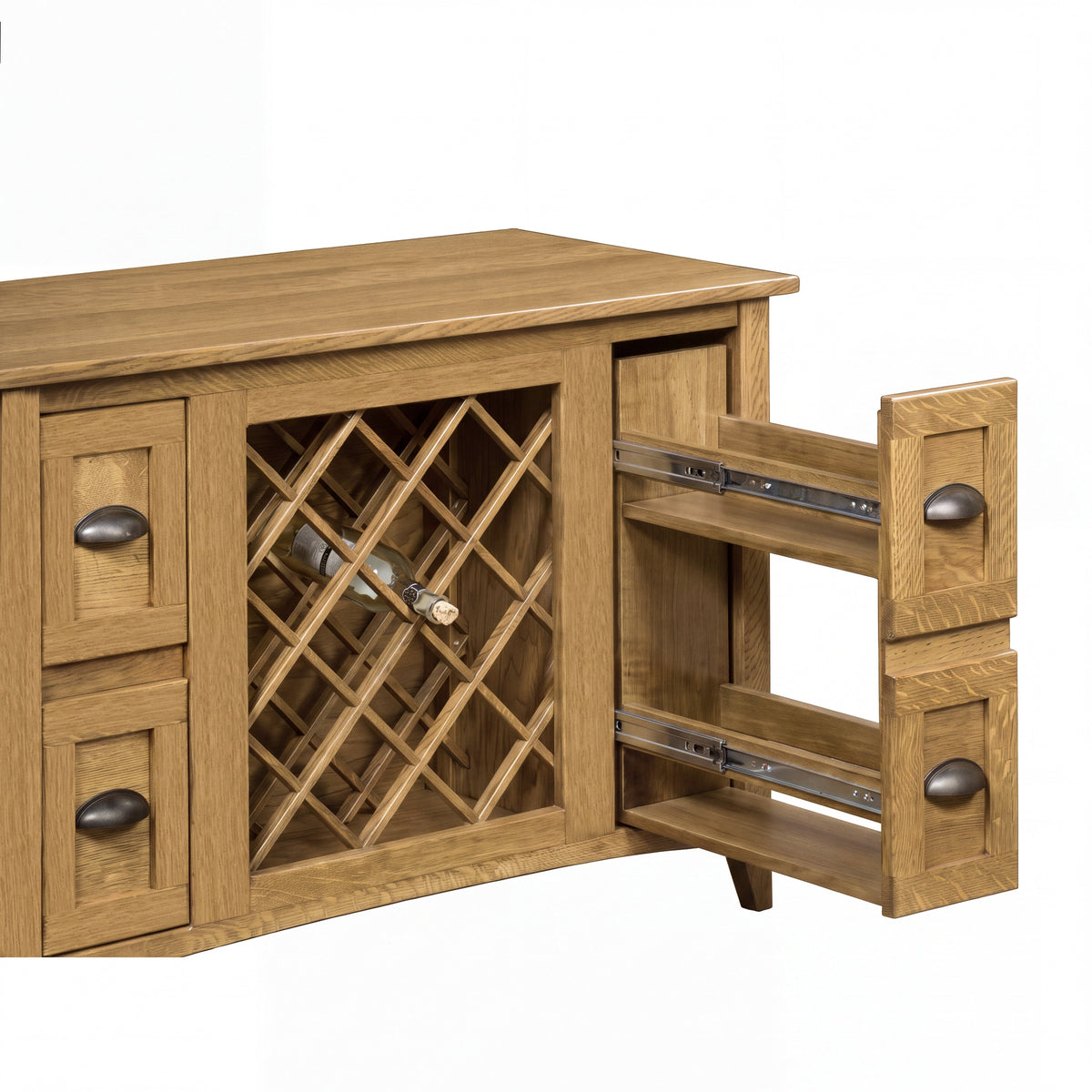Harrington Wine Cabinet with Lattice Panel in white oak with Granola stain, shown open
