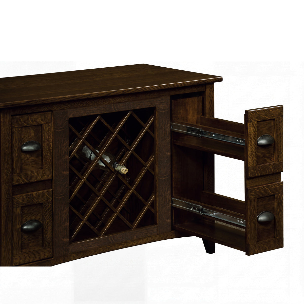 Harrington Wine Cabinet with Lattice Panel in white oak with Onyx stain, shown open