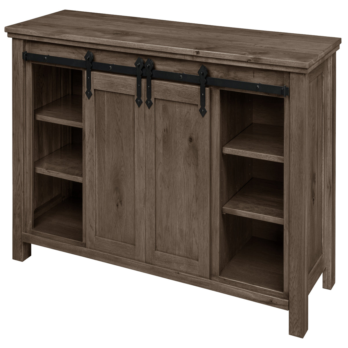 Harrow Fireplace Entertainment Center in Driftwood Stain, doors open