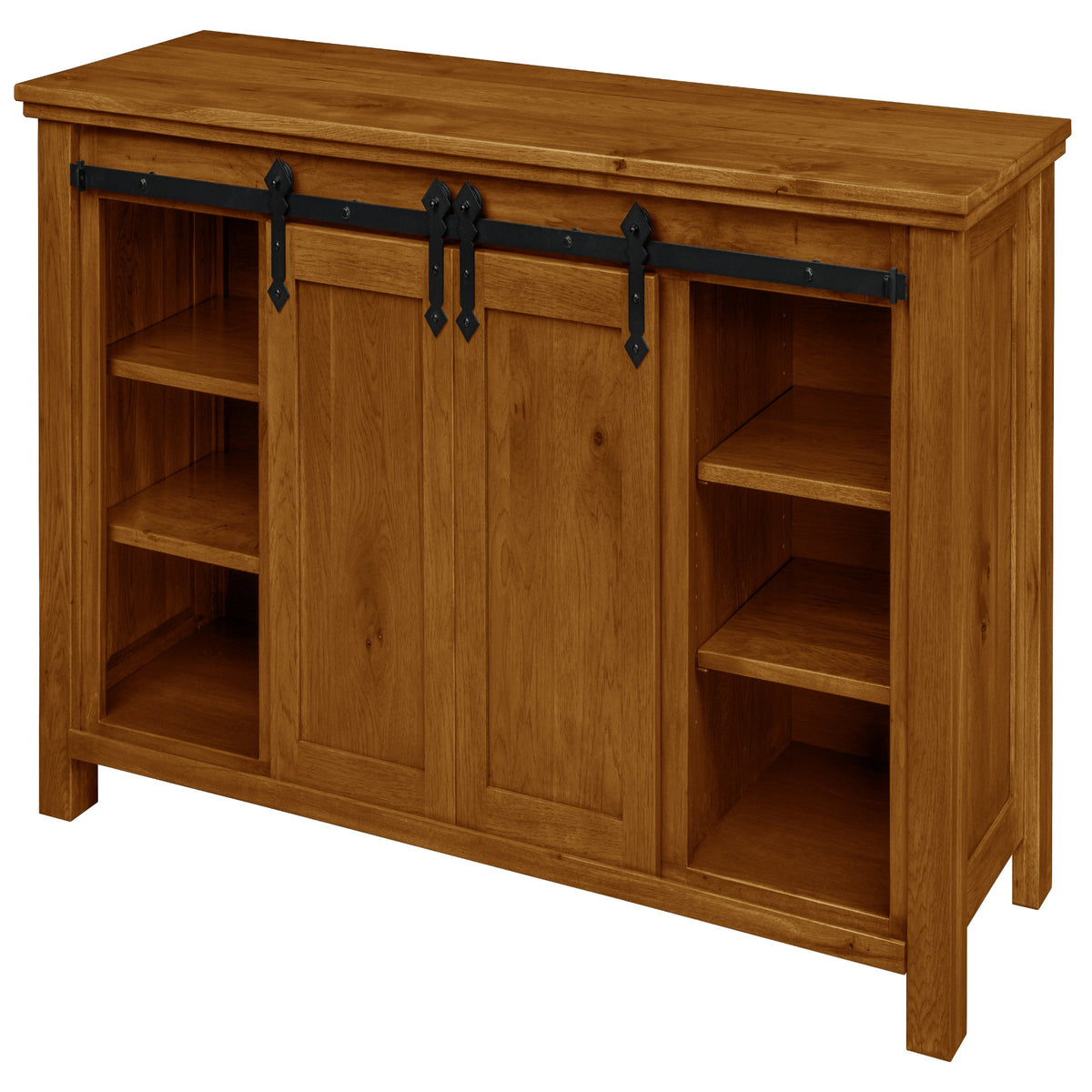 Harrow Fireplace Entertainment Center in Golden Pecan Stain, doors open