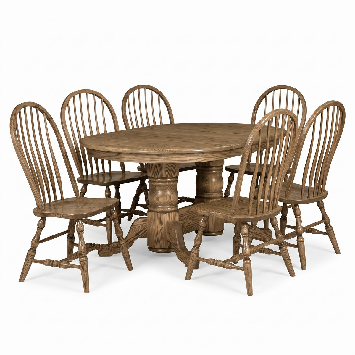 Hoosier Timbercraft 6-Person Leesburg Oak Double Pedestal Dining Table &amp; Chair Set in American Antique Set