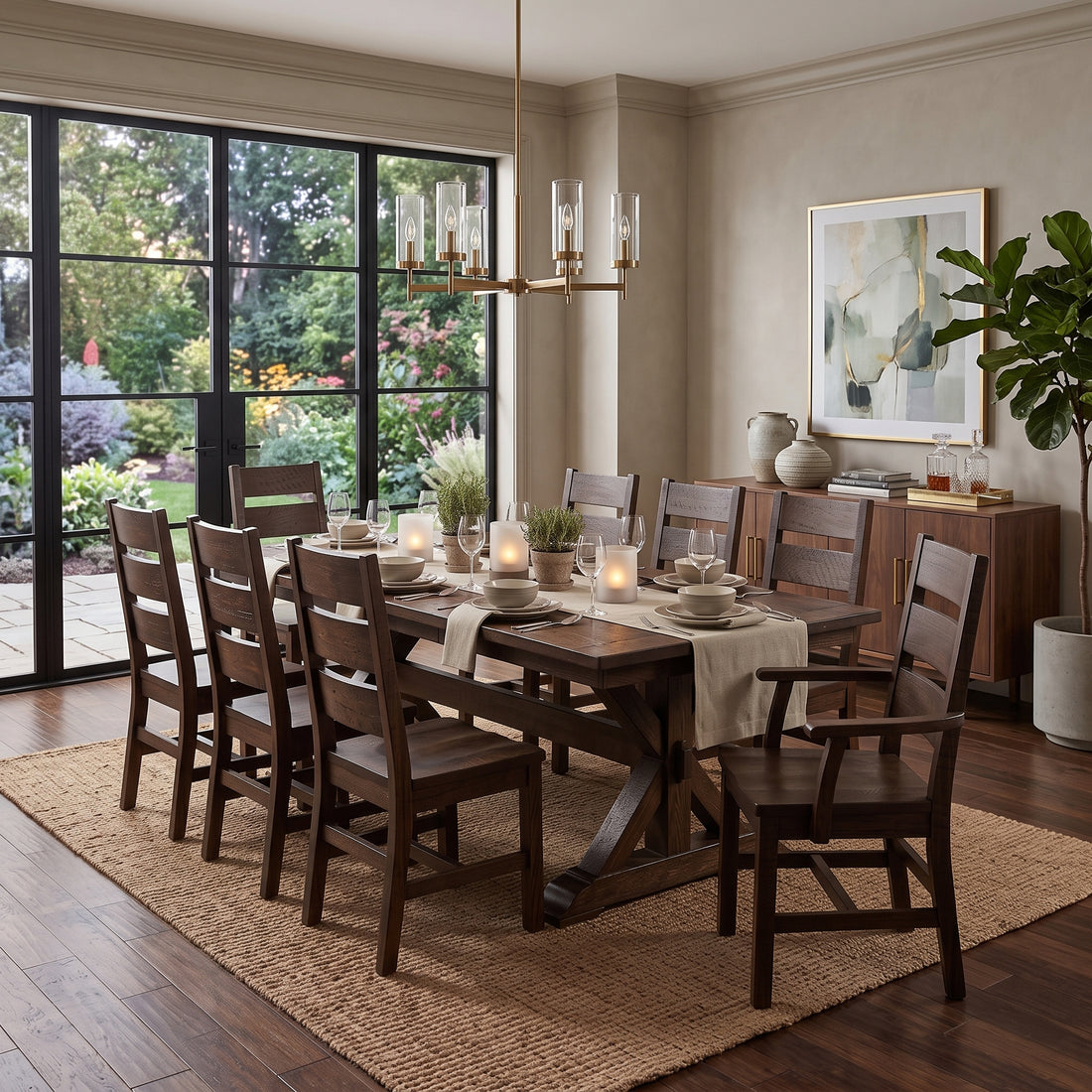 Hoosier Timbercraft Baker 9-Piece Distressed Trestle Oak Dining Set