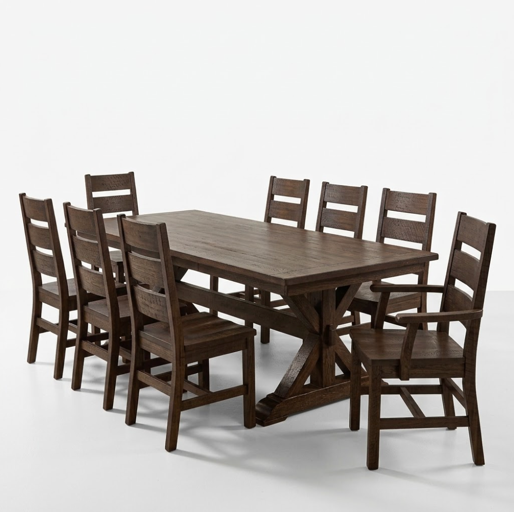 Hoosier Timbercraft Baker 9-Piece Distressed Trestle Oak Dining Set
