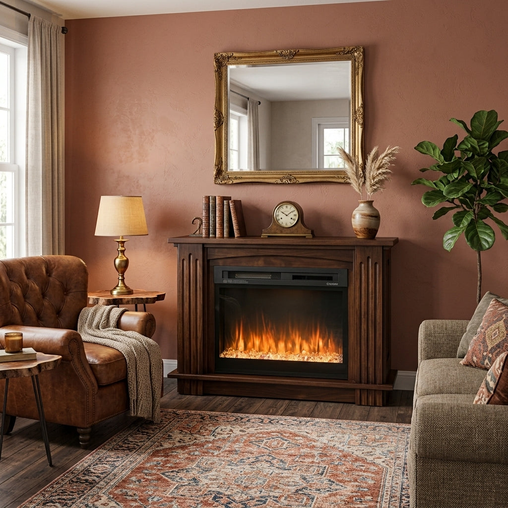 Hoosier Timbercraft Bristol Brown Maple Fireplace in Asbury Brown Stain with Contemporary Insert