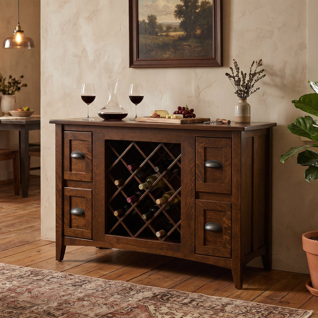 Hoosier Timbercraft Harrington White Oak Wine Cabinet with Lattice Panel in Asbury Stain