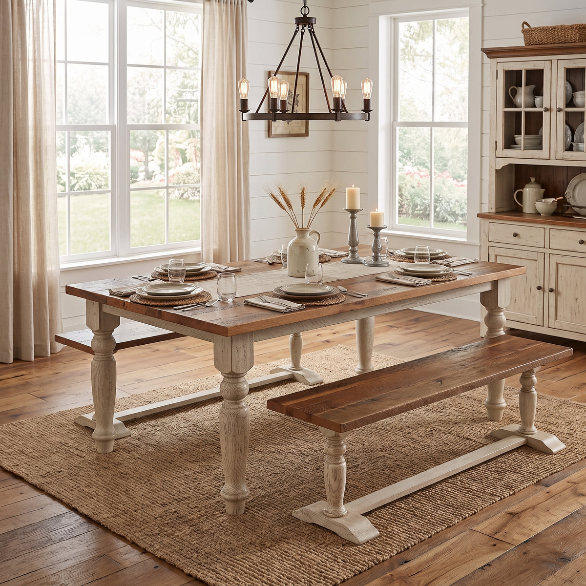 Hoosier Timbercraft Reclaimed Oak Barnwood Dining Table &amp; Bench Set