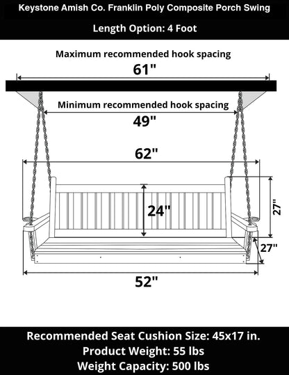 Keystone Amish Co. 4 Foot Franklin Poly Composite Porch Swing, Blue