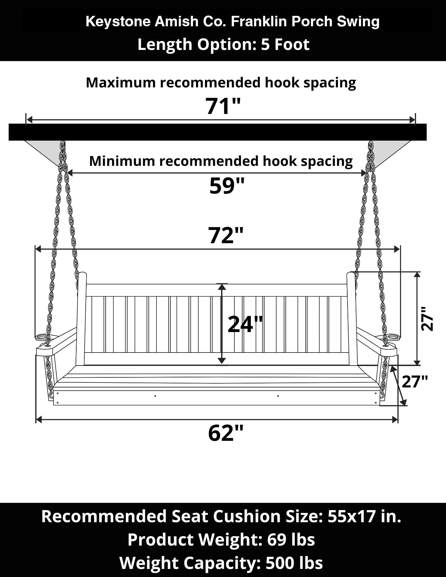 Keystone Amish Co. 5 Foot Franklin Porch Swing, Dark Green