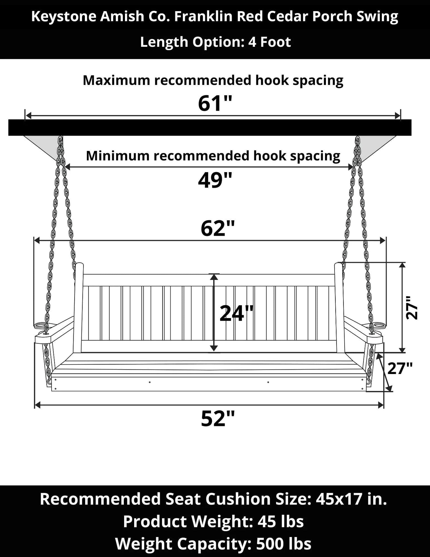 Keystone Amish Co. 4 Foot Franklin Red Cedar Porch Swing without Cup Holders