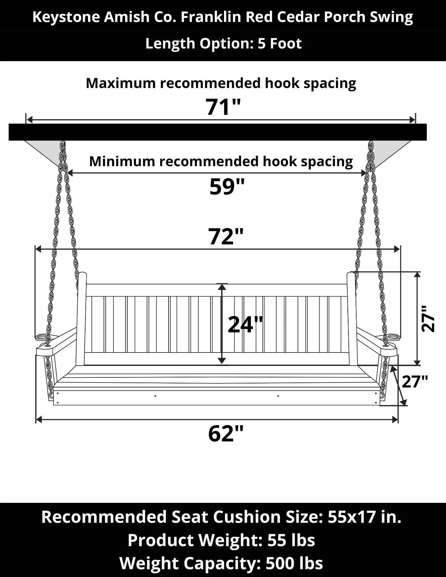 Keystone Amish Co. 5 Foot Franklin Red Cedar Porch Swing without Cup Holders
