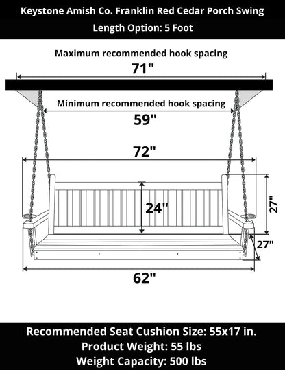 Keystone Amish Co. 5 Foot Franklin Red Cedar Porch Swing with Cup Holders