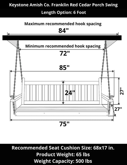 Keystone Amish Co. 6 Foot Franklin Red Cedar Porch Swing without Cup Holders