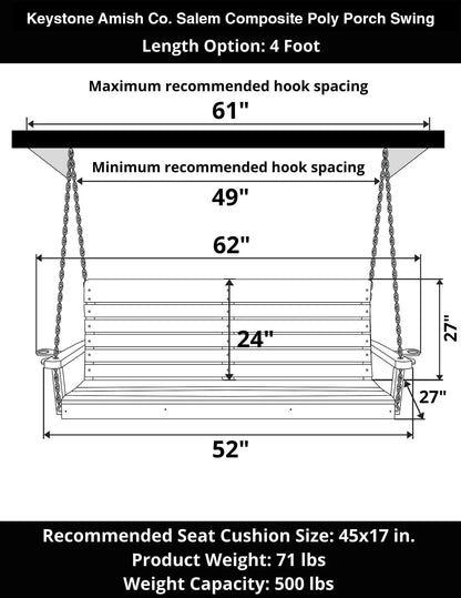 Keystone Amish Co. 4 Foot Salem Composite Poly Porch Swing, Bright Red