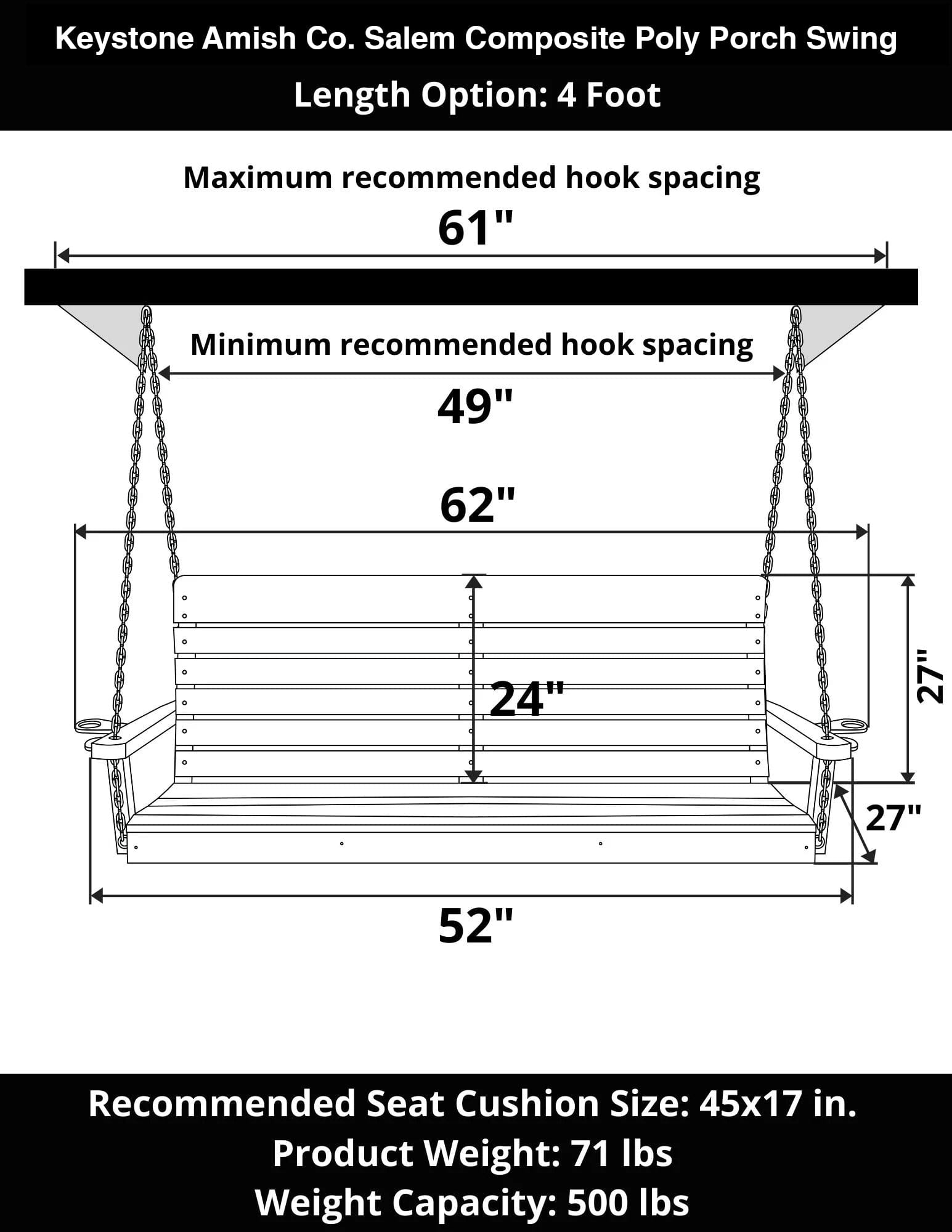 Keystone Amish Co. 4 Foot Salem Composite Poly Porch Swing, Blue