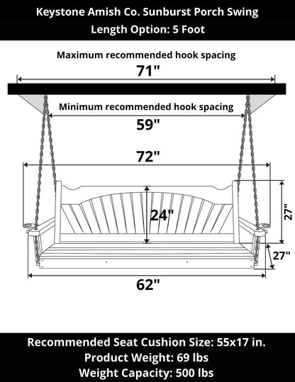 Keystone Amish Co. Sunburst Porch Swing, 5 Foot, Carribean Blue