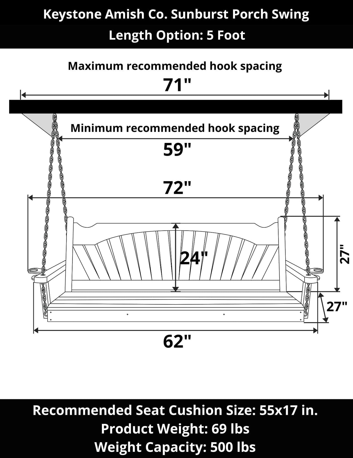 Keystone Amish Co. Sunburst Porch Swing, 5 Foot, Olive Grey