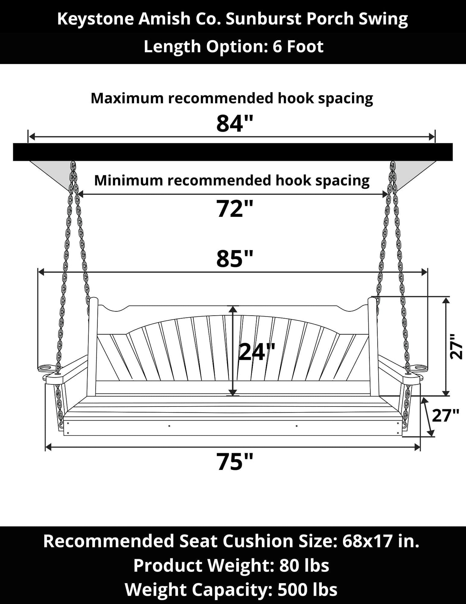 Keystone Amish Co. Sunburst Porch Swing, 4 Foot, Mushroom Stain