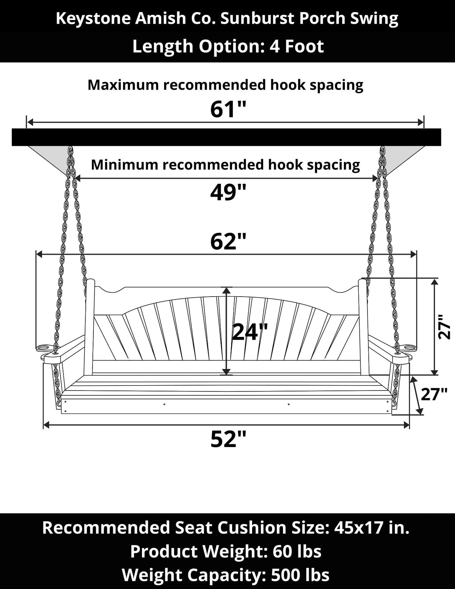 Keystone Amish Co. Sunburst Porch Swing, 4 Foot, Carribean Blue