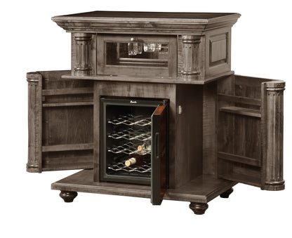 Kingsley Wine Cabinet in Driftwood Stain, doors open
