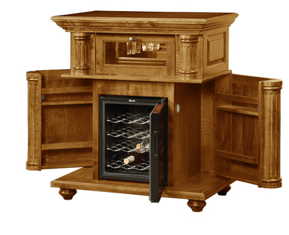 Kingsley Wine Cabinet in Golden Pecan Stain, doors open