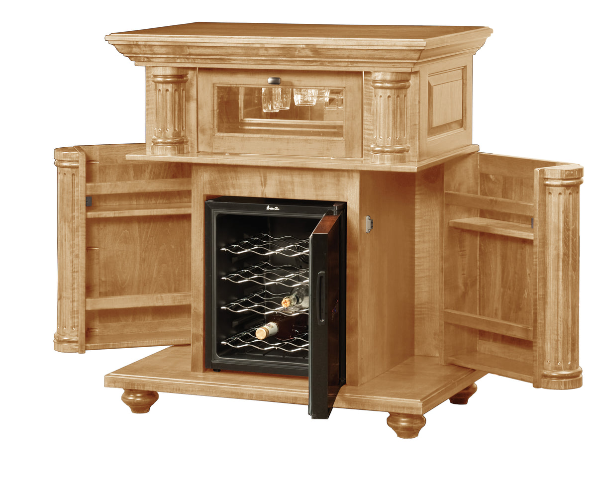 Kingsley Wine Cabinet in Granola Stain, doors open