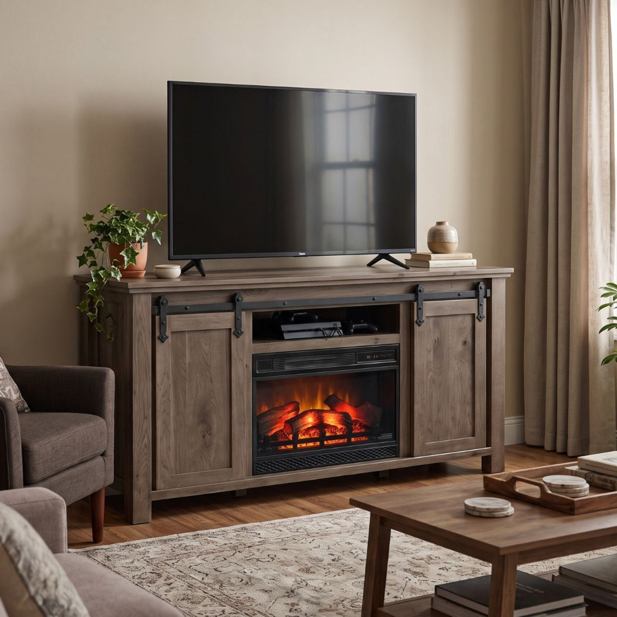 Harrow Fireplace Entertainment Center in Driftwood Stain