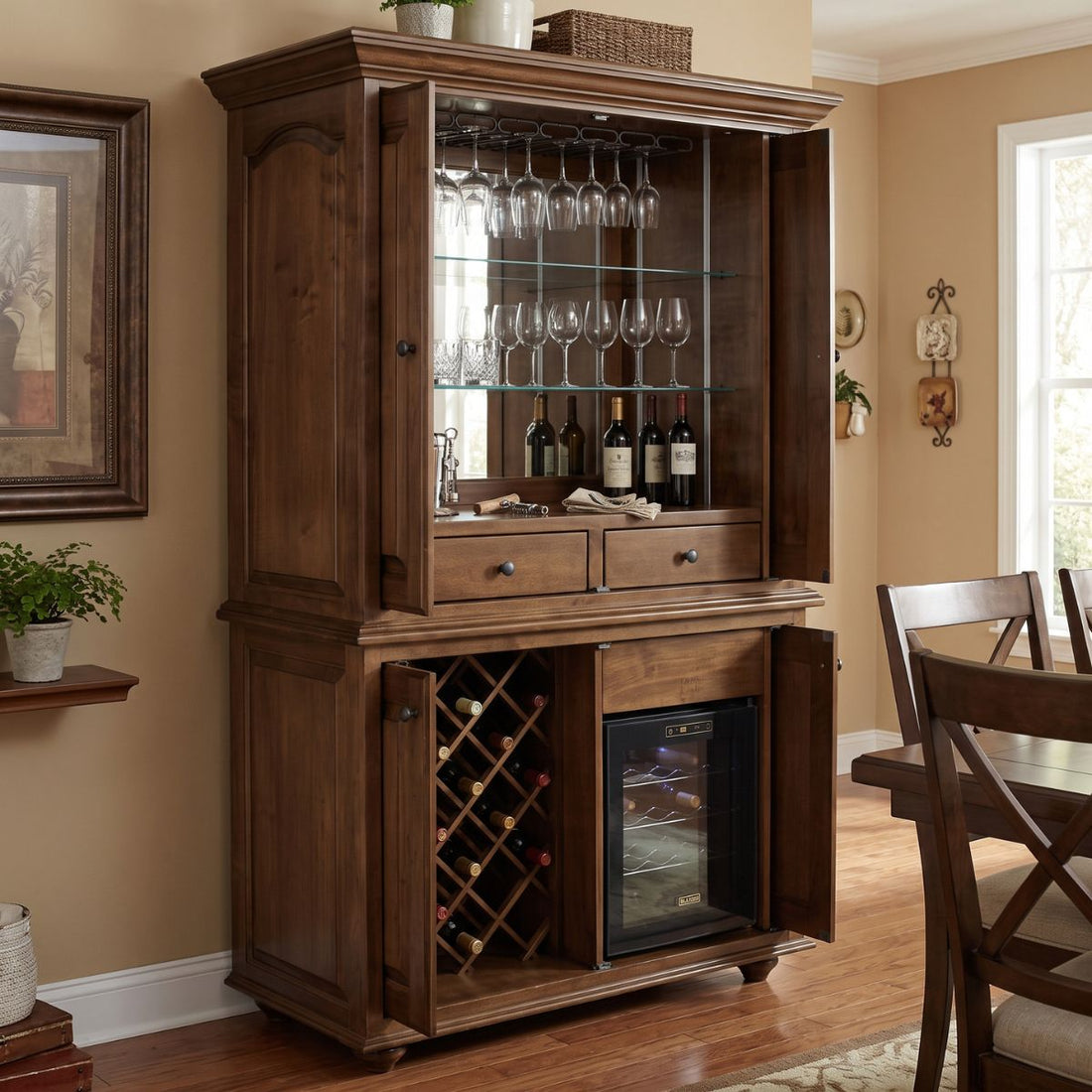 Whitfield Wine Cabinet with Wine Chiller in brown maple with Charwood stain, shown open in a room setting