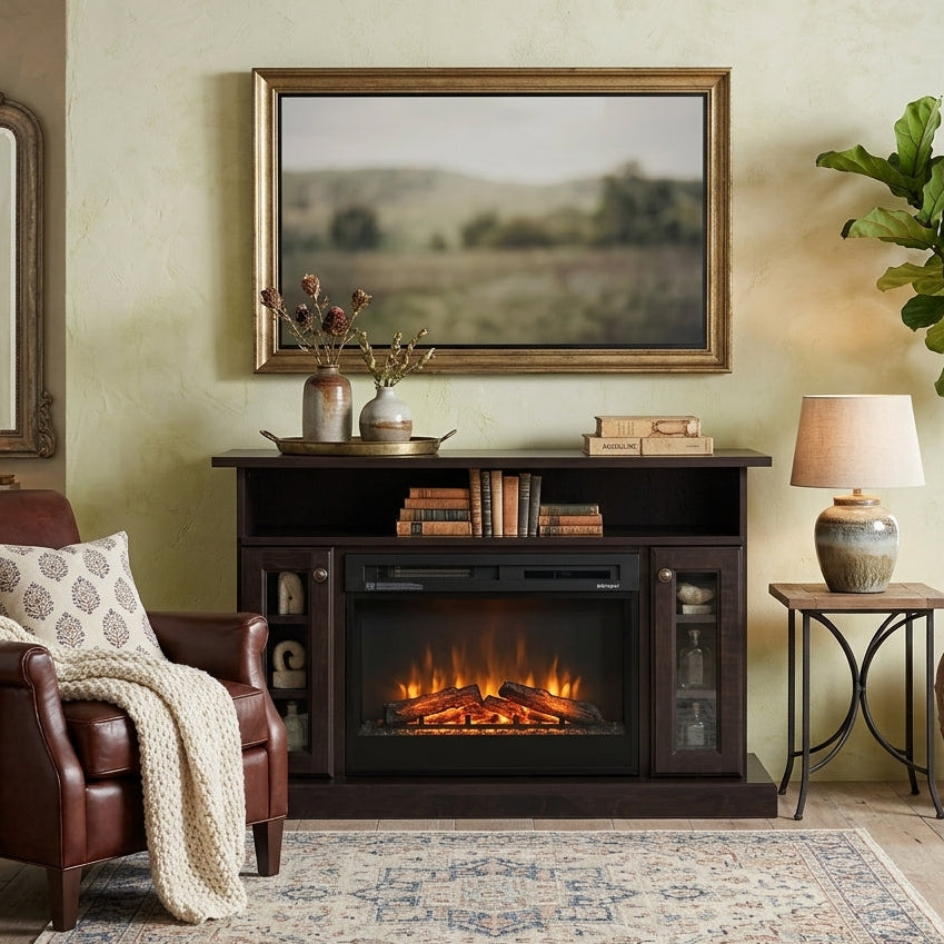 Hoosier Timbercraft Montford Brown Maple Fireplace in Onyx Stain with Contemporary Log