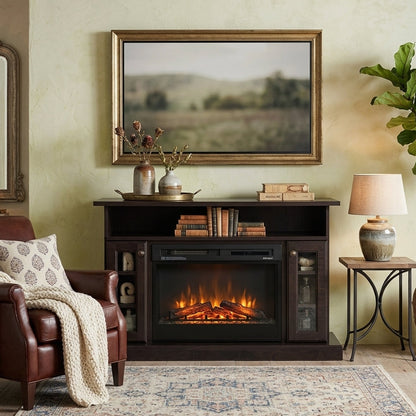 Hoosier Timbercraft Montford Brown Maple Fireplace in Onyx Stain with Contemporary Log
