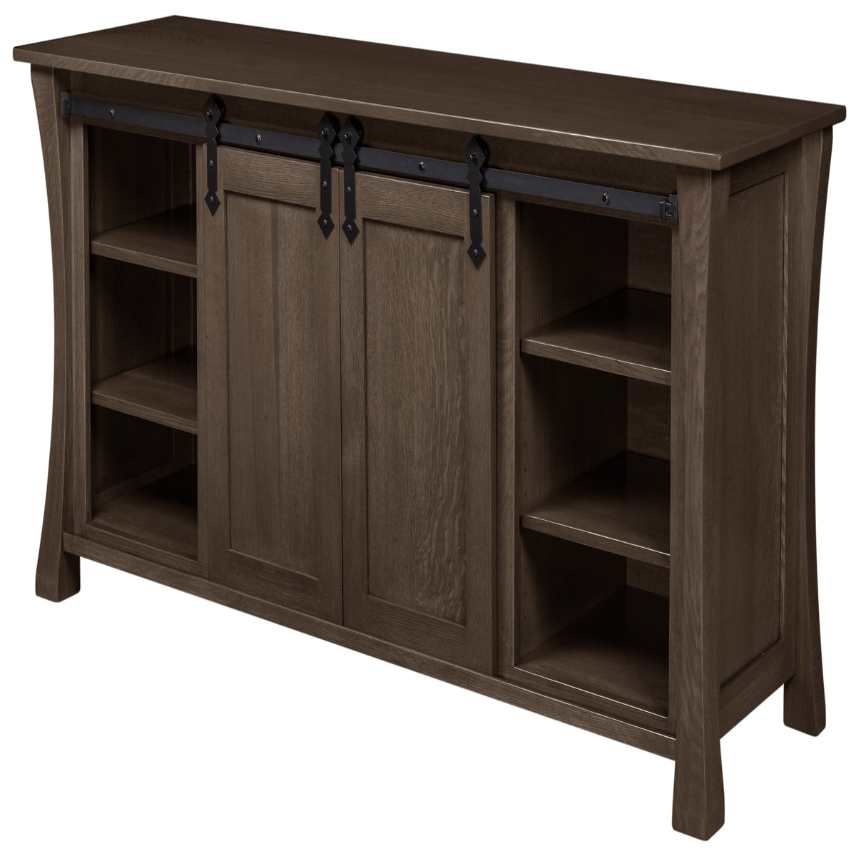 Silverton Fireplace Entertainment Center in Driftwood Stain, doors open