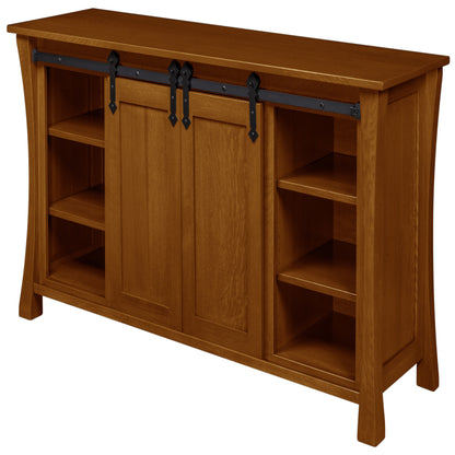 Silverton Fireplace Entertainment Center in Golden Pecan Stain, doors open