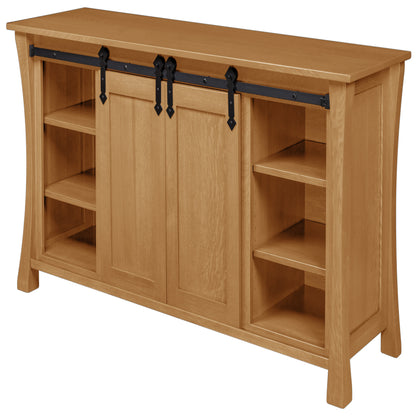 Silverton Fireplace Entertainment Center in Granola Stain, doors open