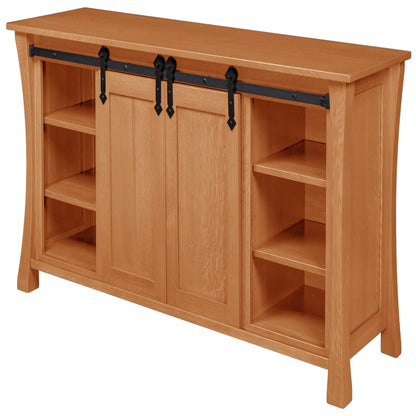 Silverton Fireplace Entertainment Center in Natural Stain, doors open