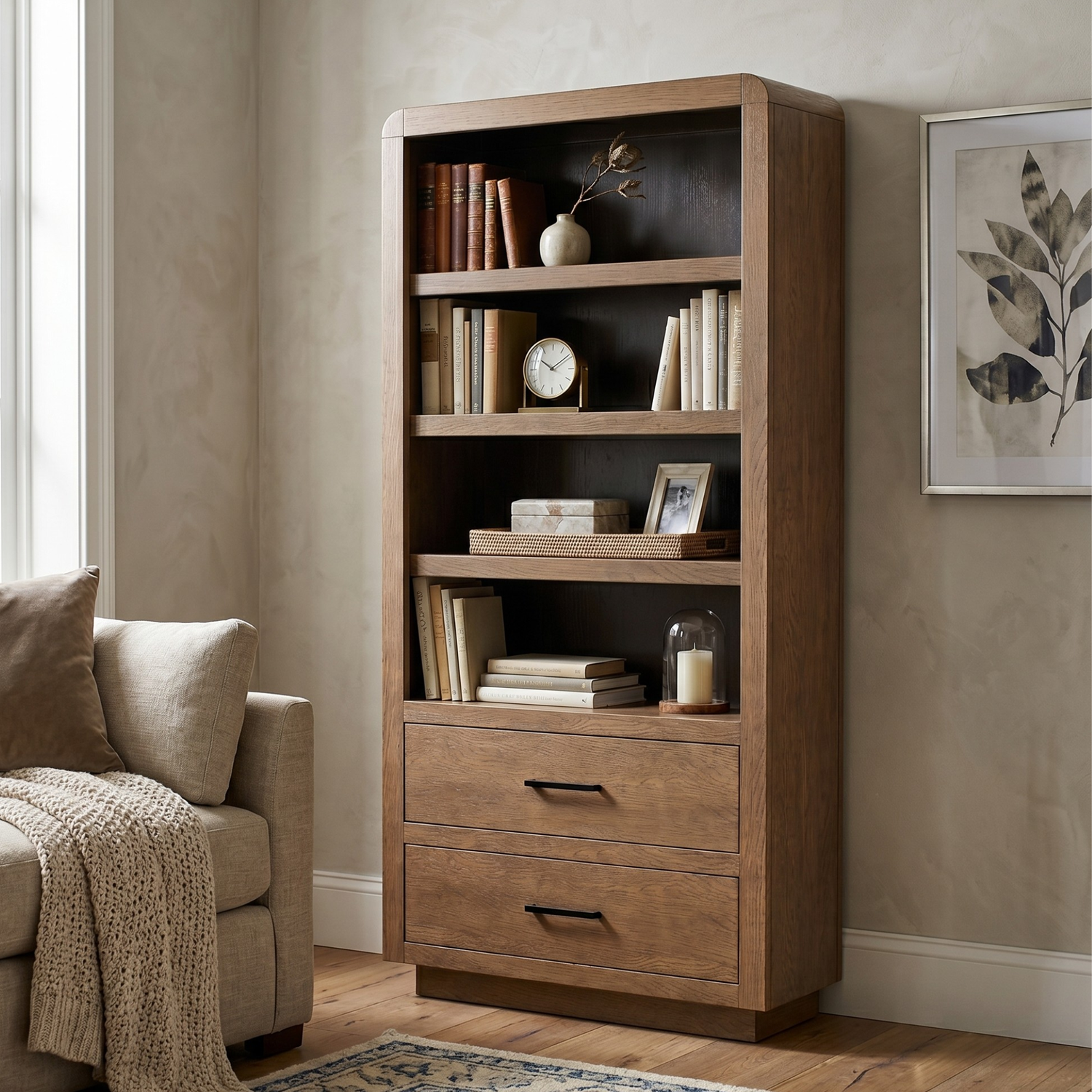 High Bank Woodworks Higley White Oak 2-Drawer Bookcase with 3 Adjustable Shelves