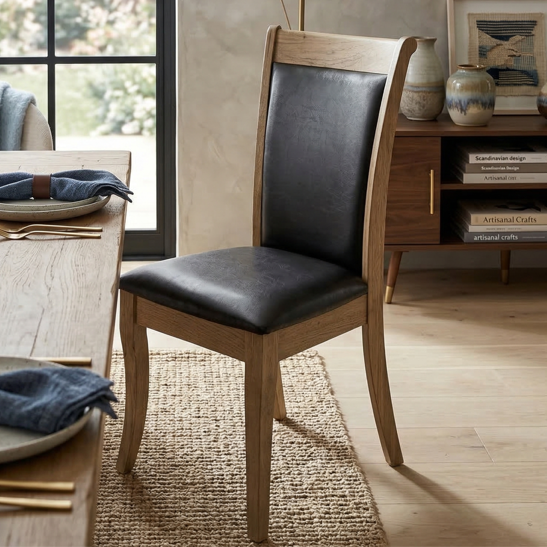 Hoosier Timbercraft Acadia Side Dining Chair in Almond Stain, Black Leather