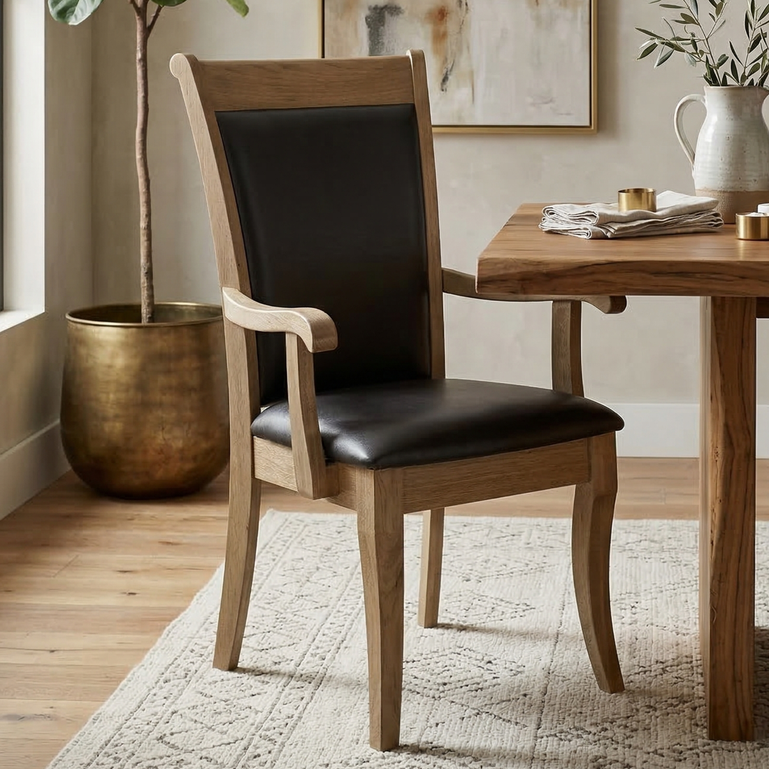 Hoosier Timbercraft Acadia Arm Dining Chair in Almond Stain, Black Leather