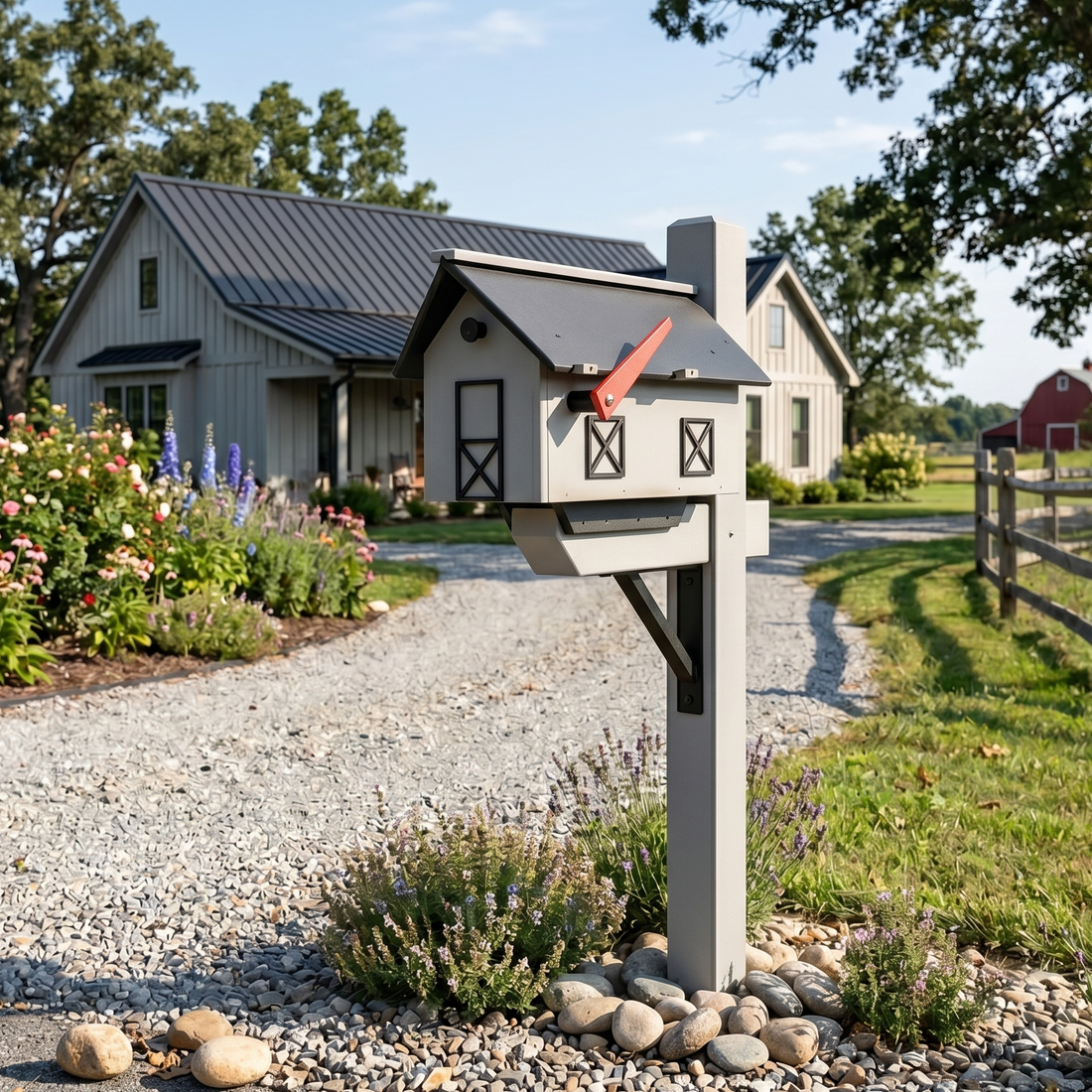 Stratton Field Poly Lumber Post-Mount Decorative Barn Mailbox