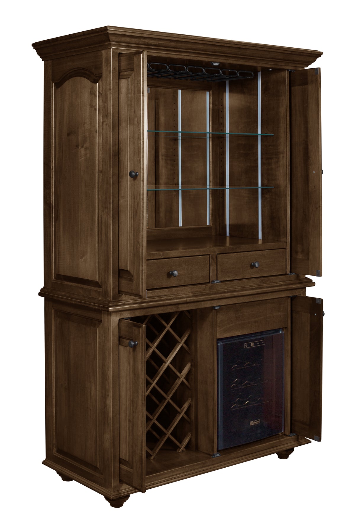 Whitfield Wine Cabinet with Wine Chiller in brown maple with Charwood stain, shown open
