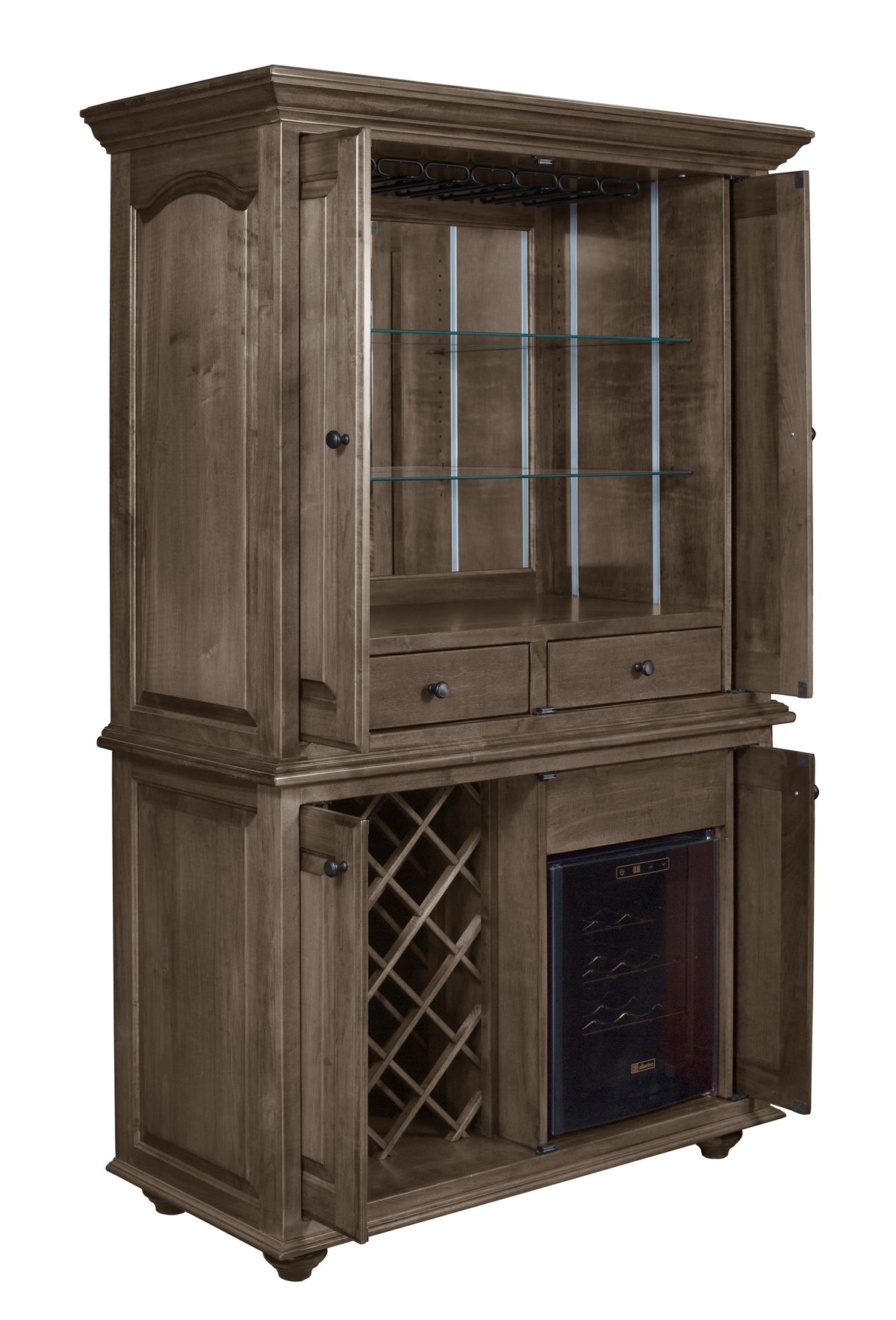 Whitfield Wine Cabinet with Wine Chiller in brown maple with Driftwood stain, shown open