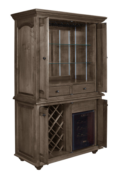 Whitfield Wine Cabinet with Wine Chiller in brown maple with Driftwood stain, shown open