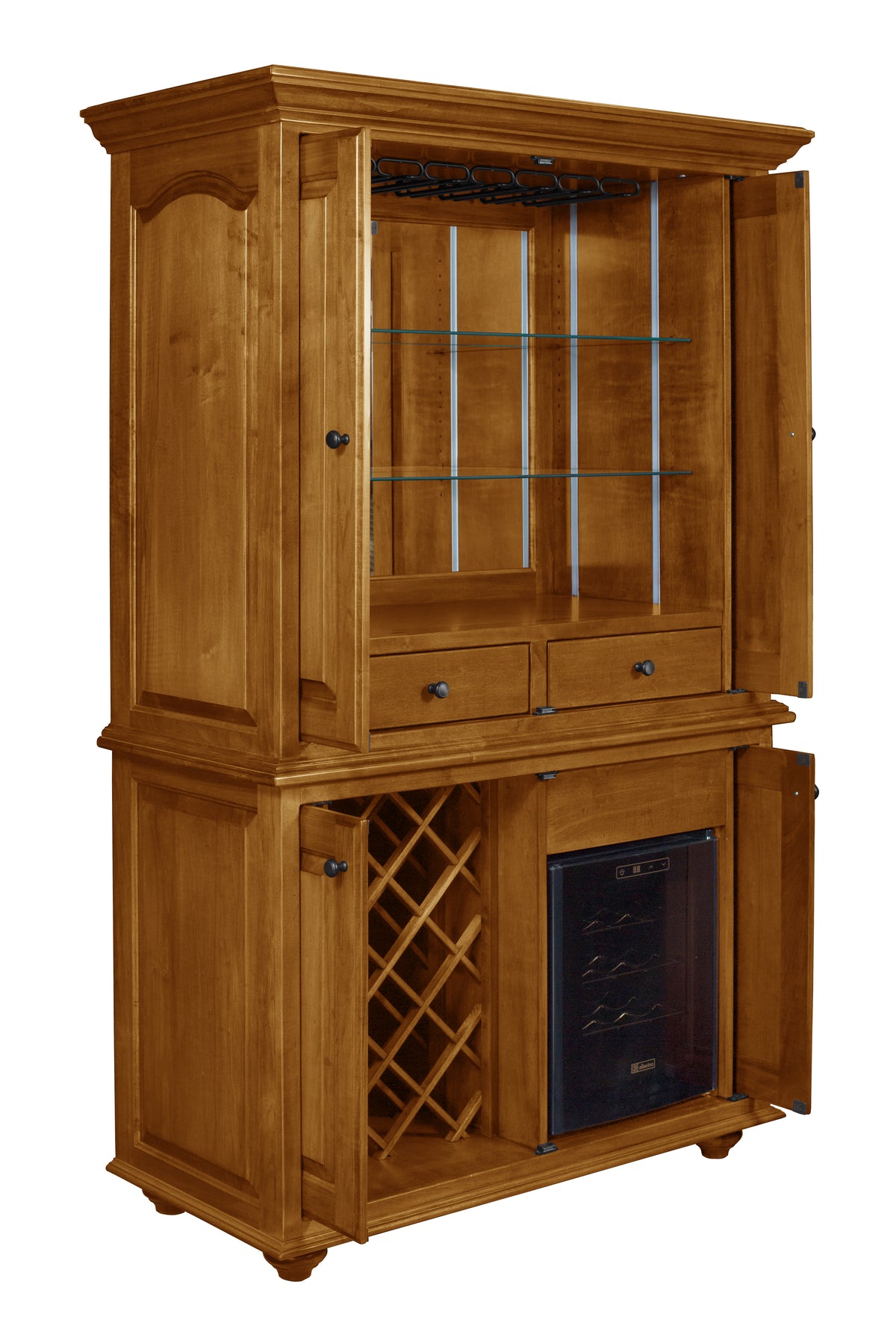 Whitfield Wine Cabinet with Wine Chiller in brown maple with Golden Pecan stain, shown open