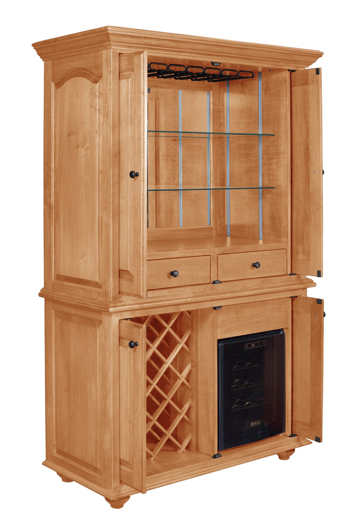 Whitfield Wine Cabinet with Wine Chiller in brown maple with Natural stain, shown open