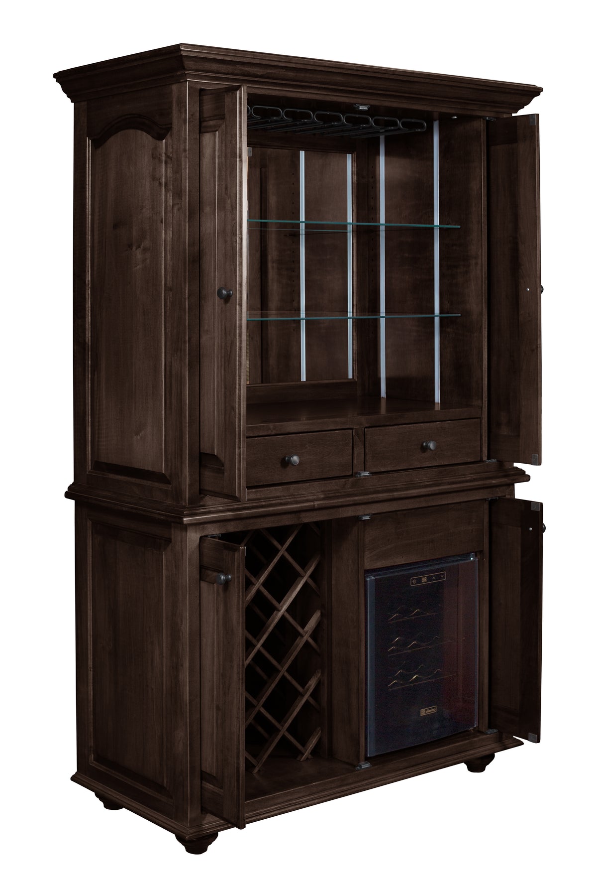 Whitfield Wine Cabinet with Wine Chiller in brown maple with Onyx stain, shown open